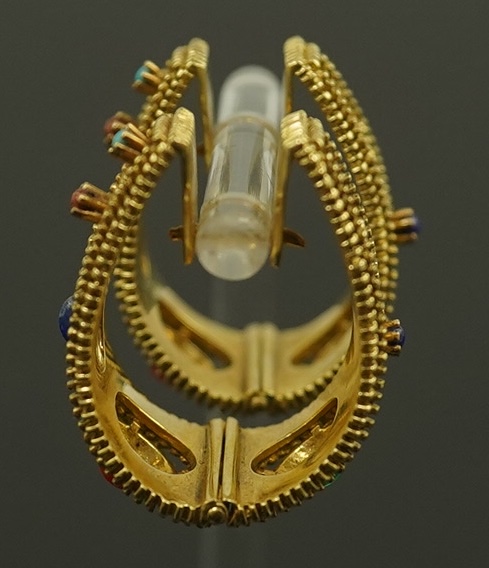 A pair of continental high carat gold and semi-precious gem set hinged loop earrings